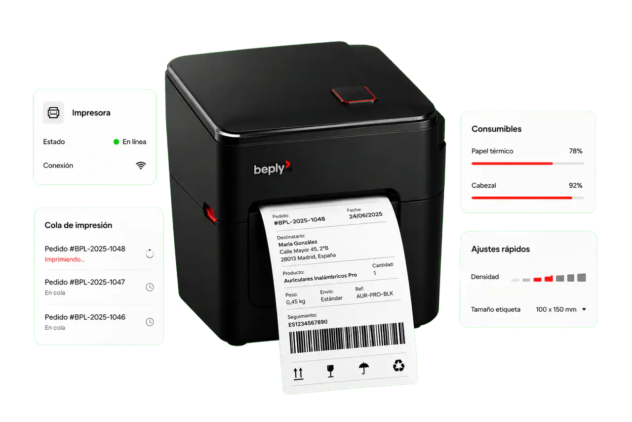 Impresora termica Beply con cola de impresion, consumibles y ajustes en tiempo real